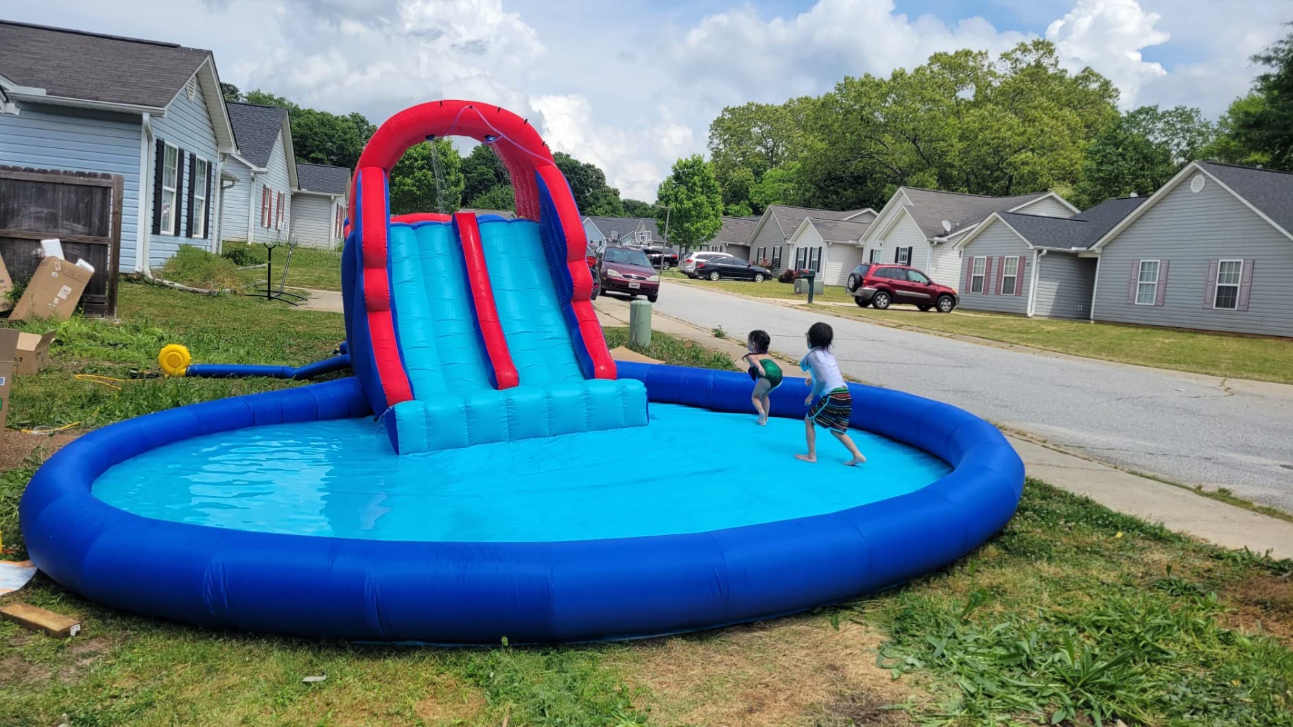 【Baby&Kids】Dual Slide Roundabout Inflatable Water Park - Climbing Wall, Slides, Bounce House & Huge Pool