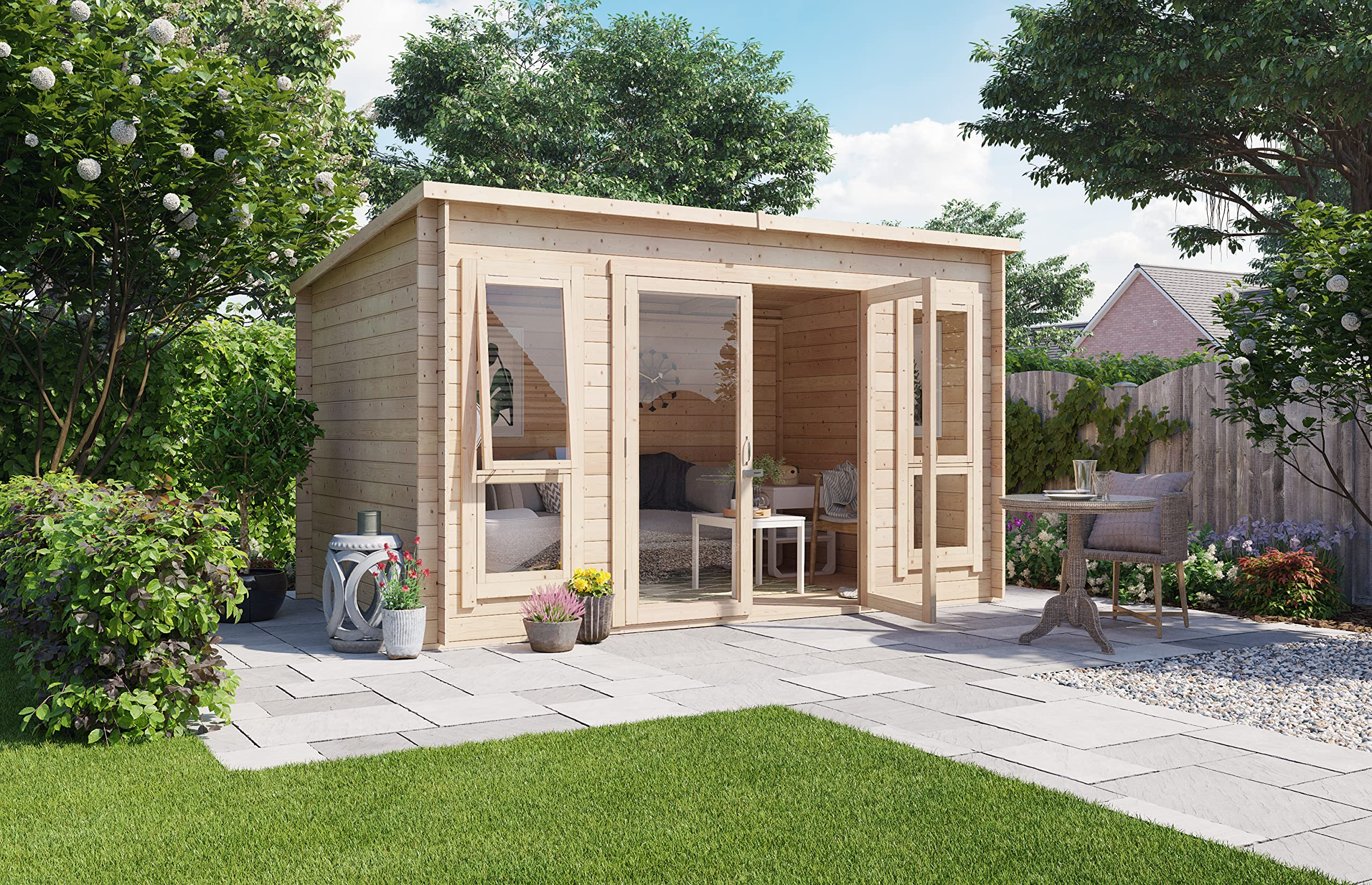 【Home&Garden】12x8 Log Cabin Summerhouse Garden Office Studio Modern Pent Carmen Outdoor Room