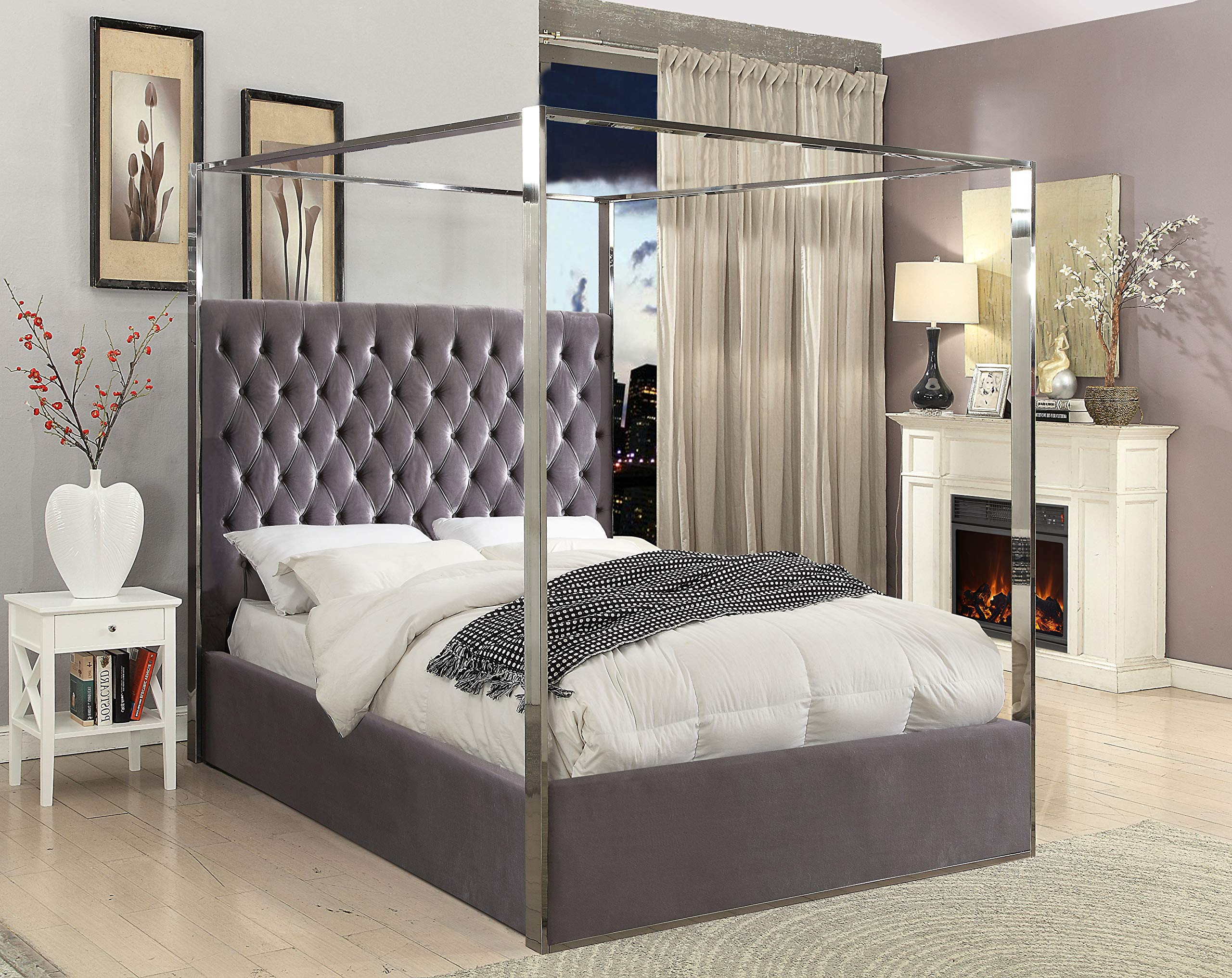 【Furniture】Contemporary Velvet Upholstered Bed with Deep Detailed Tufting and Chrome Canopy, Grey, King