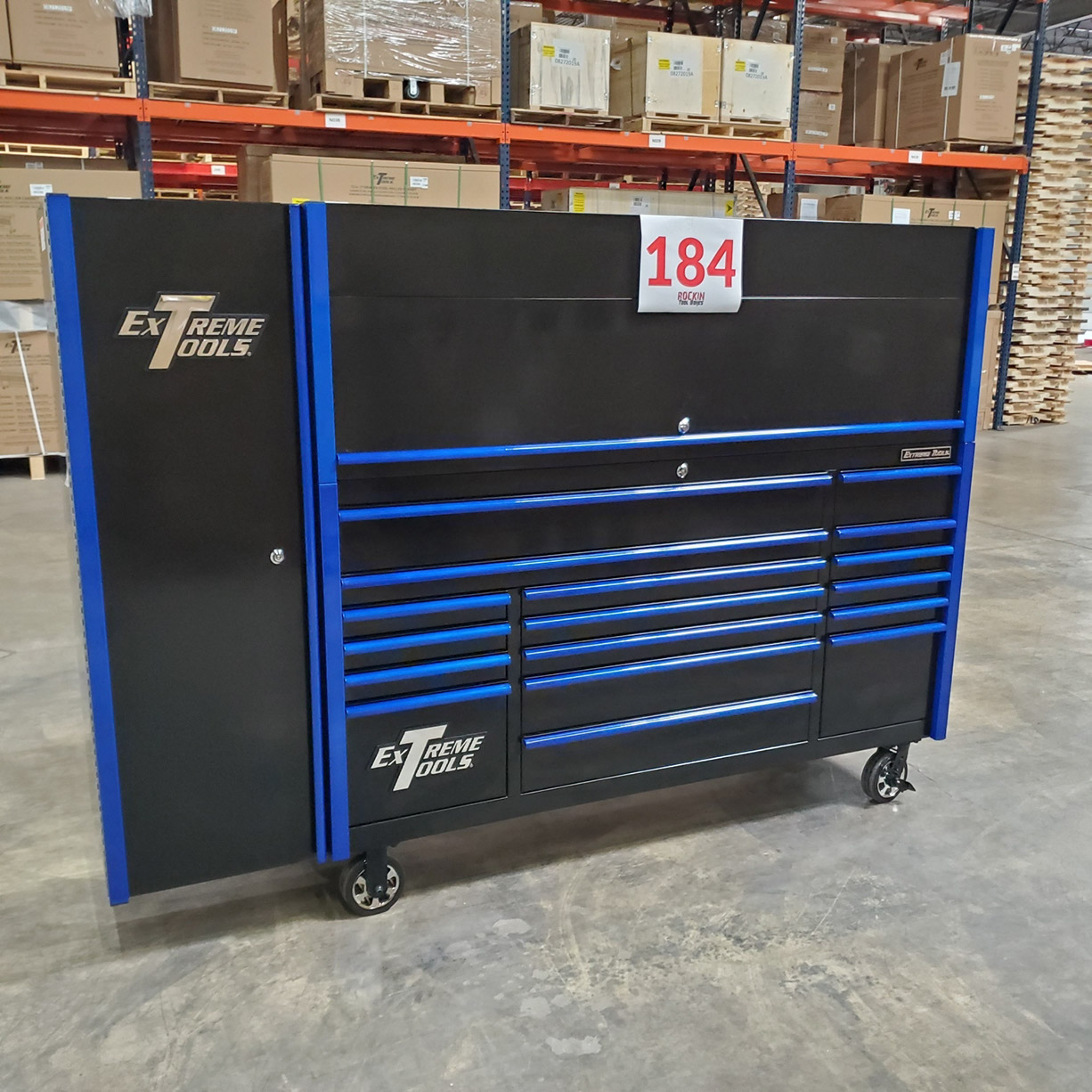 n- used toolboxScratch & Dent, Extreme Tools DX Series 72 x 21 Triple Bank Roller, Hutch & Side Locker Combo in Black-Bluen-