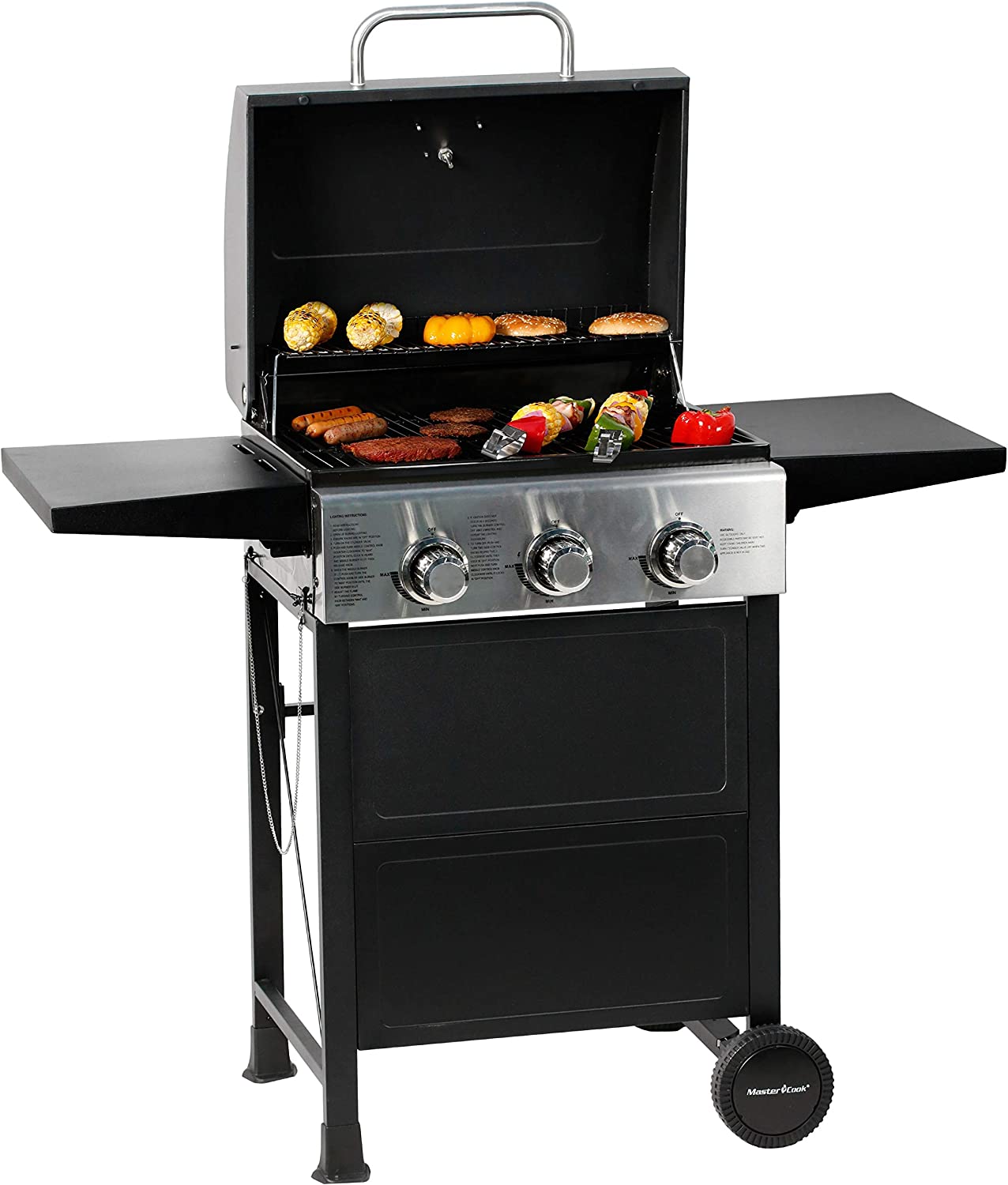 MASTER COOK 3 Burner BBQ Propane Gas Grill, Stainless Steel 30,000 BTU Patio Garden Barbecue Grill with Two Foldable Shelves