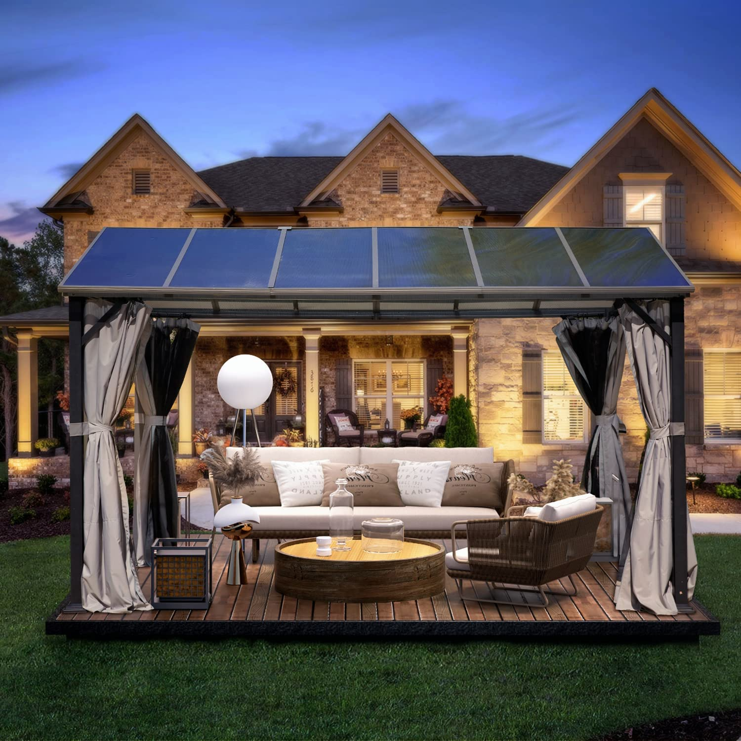 【Gazebo】10x13 Hardtop Gazebo, Outdoor Aluminum Frame Gazebo, Gable Polycarbonate Roof with Netting & Curtain