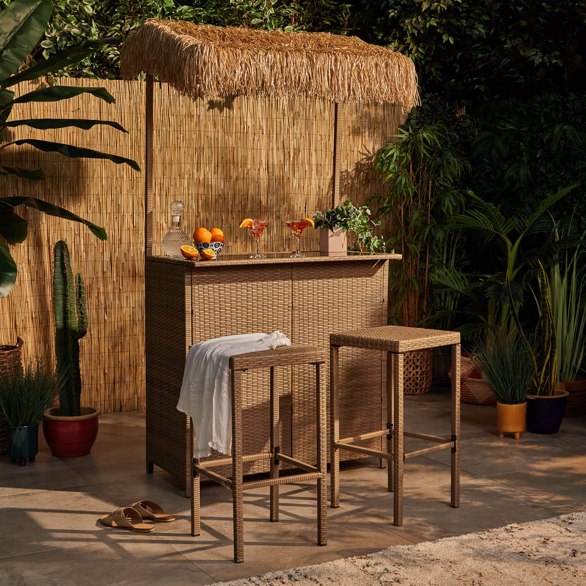 【Home&Garden】Bar Set - Garden Bar Table, 2 Stools & Canopy Roof - Hand-Woven Rattan Cocktail Outdoor Bar