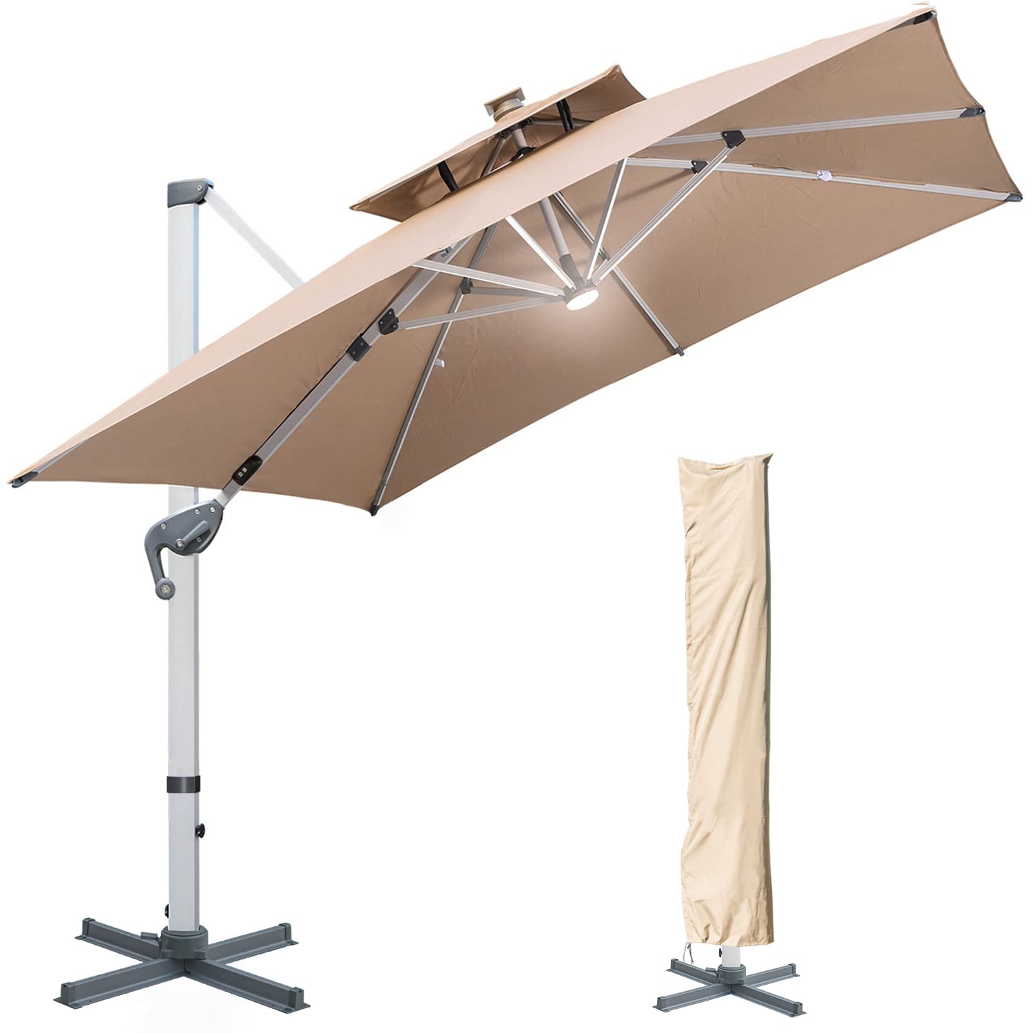 【Home&Garden】10 FT Square Cantilever Umbrella with Solar LED Lights & Cross Base, Large Patio Umbrella