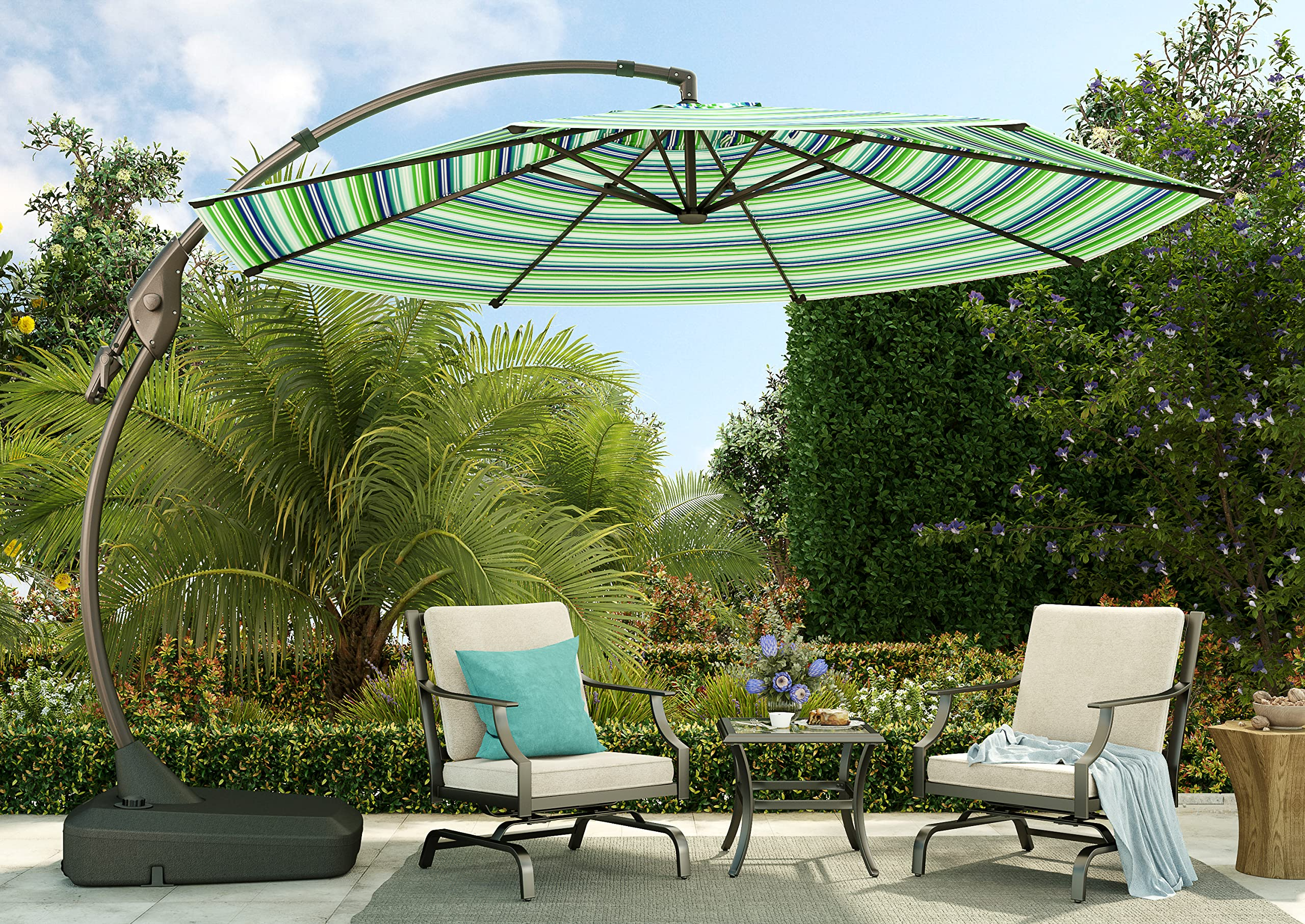 【Home&Garden】11 FT Deluxe NAPOLI Curvy Aluminum Offset Umbrella, Patio Cantilever Umbrella with Base