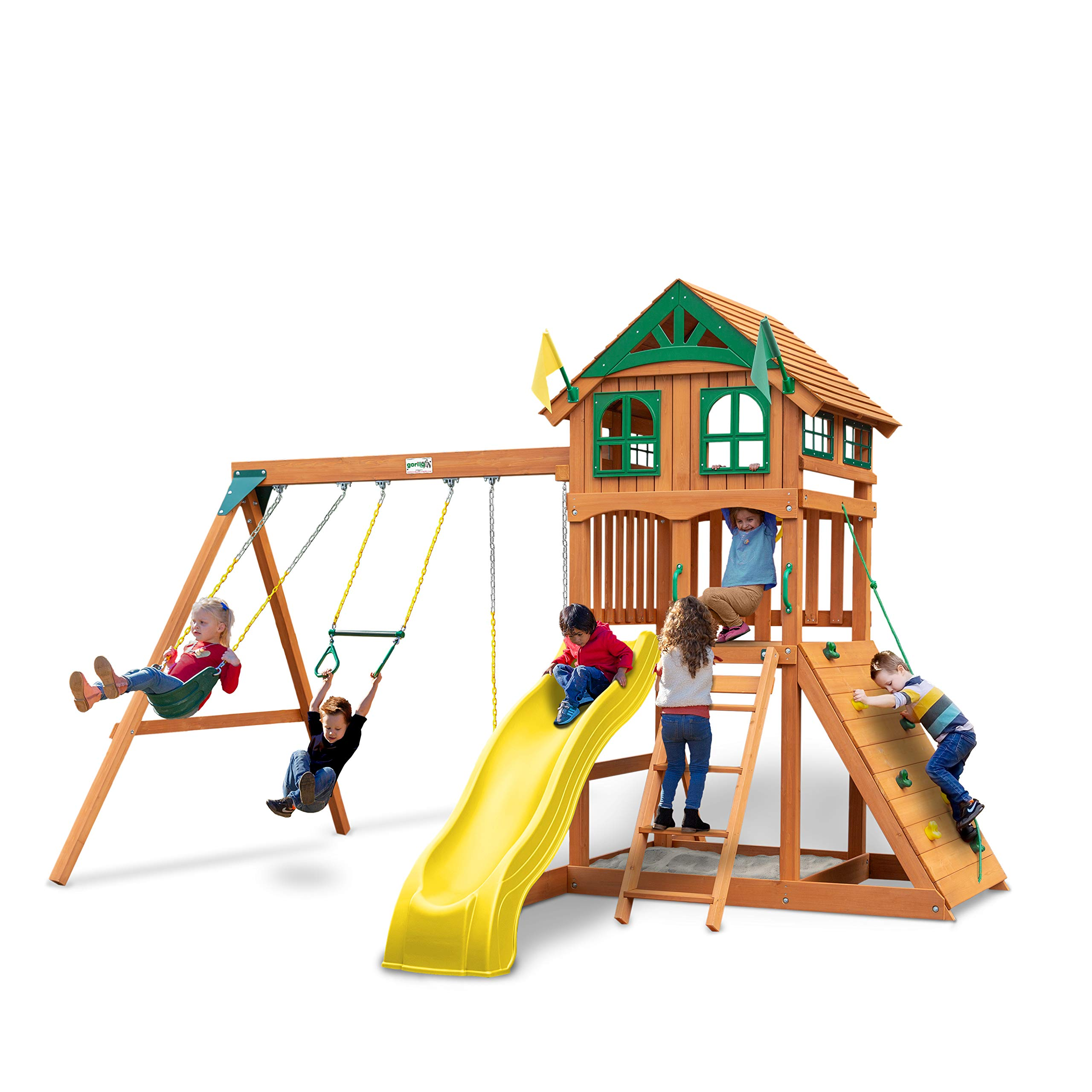 【Baby&Kids】Gorilla Playsets Outdoor Wood Swing Set with Wood Roof & Yellow Slide, Amber