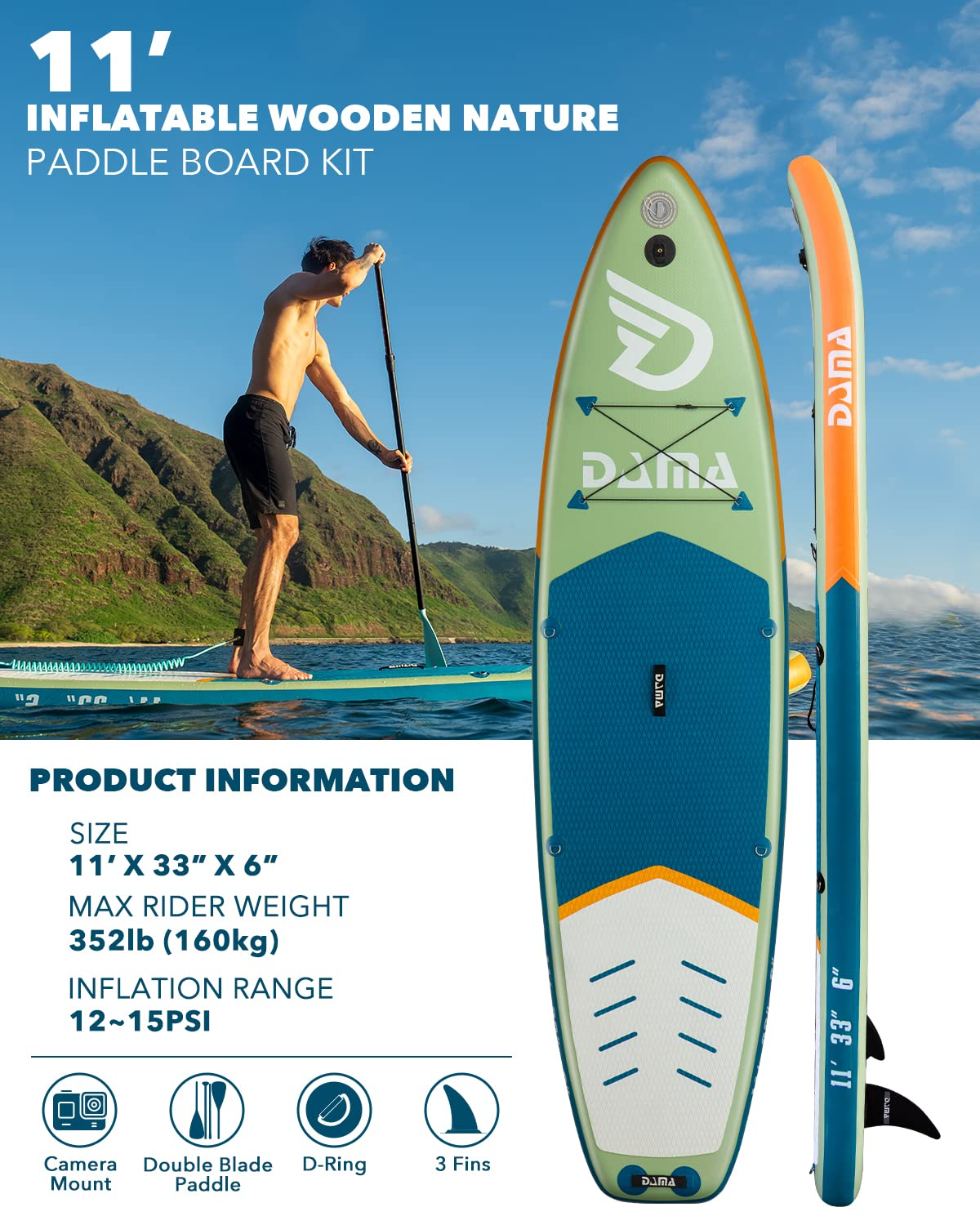 【Sports&Outdoors】Inflatable Stand Up Paddle Board 11'x33''x6'', Yoga Paddleboard, Fishing Paddle Boards