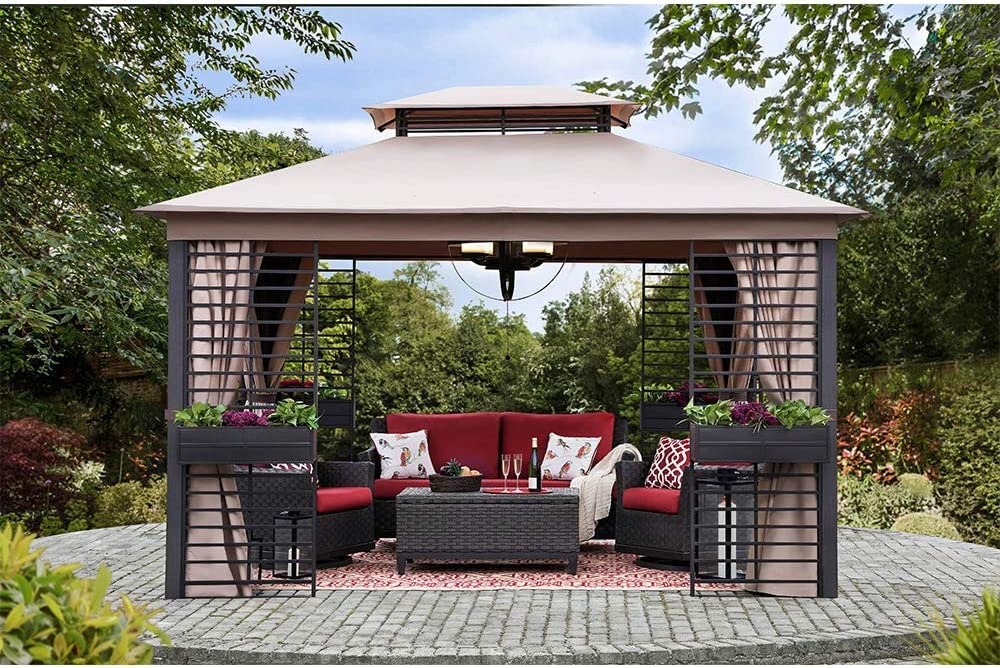 【Gazebo】11x13 Gazebos with Planters, Outdoor Patio Steel 2-Tier Soft Top Gazebo with Netting & Curtains
