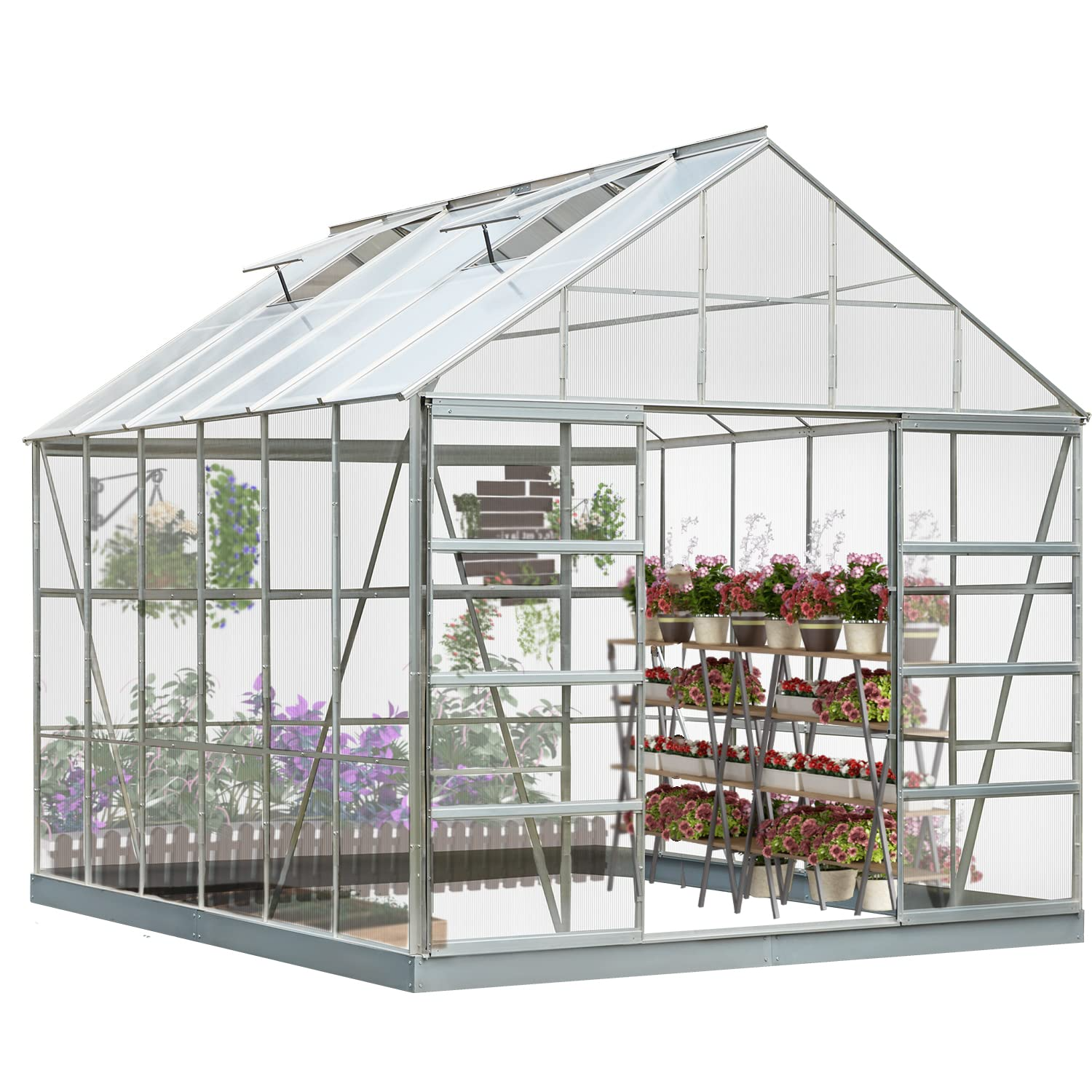 【Home&Garden】12'x10'x10.3' Outdoor Walk-in Hobby Greenhouse for Plants, Polycarbonate Aluminum Green House