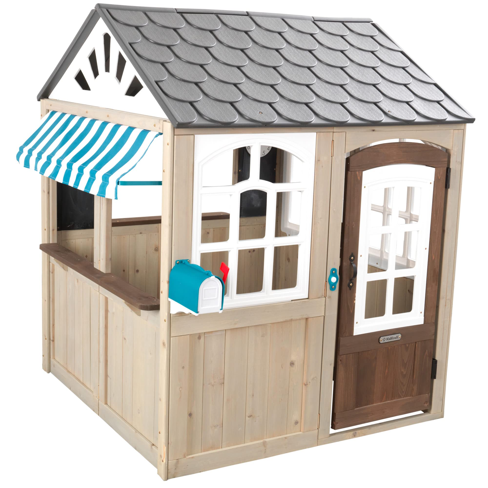 【Baby&Kids】Wooden Outdoor Playhouse, Ringing Doorbell, Mailbox and Awning, Gift for Ages 3-10