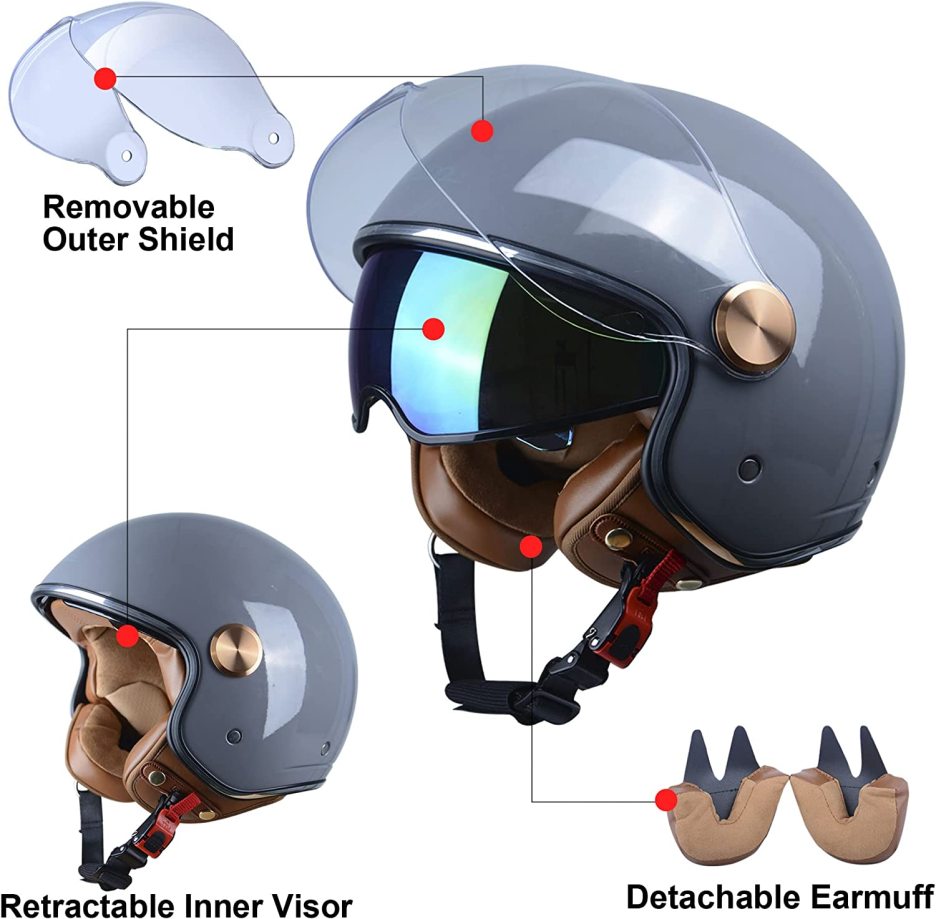 BEON Open Face Motorcycle Helmet for Adults, DOT Approved,3/4 Retro Vespa Helmet, Dual Visors Men’s and Women’s Motorbike Casco for Moped Cruiser Bobber and Chopper