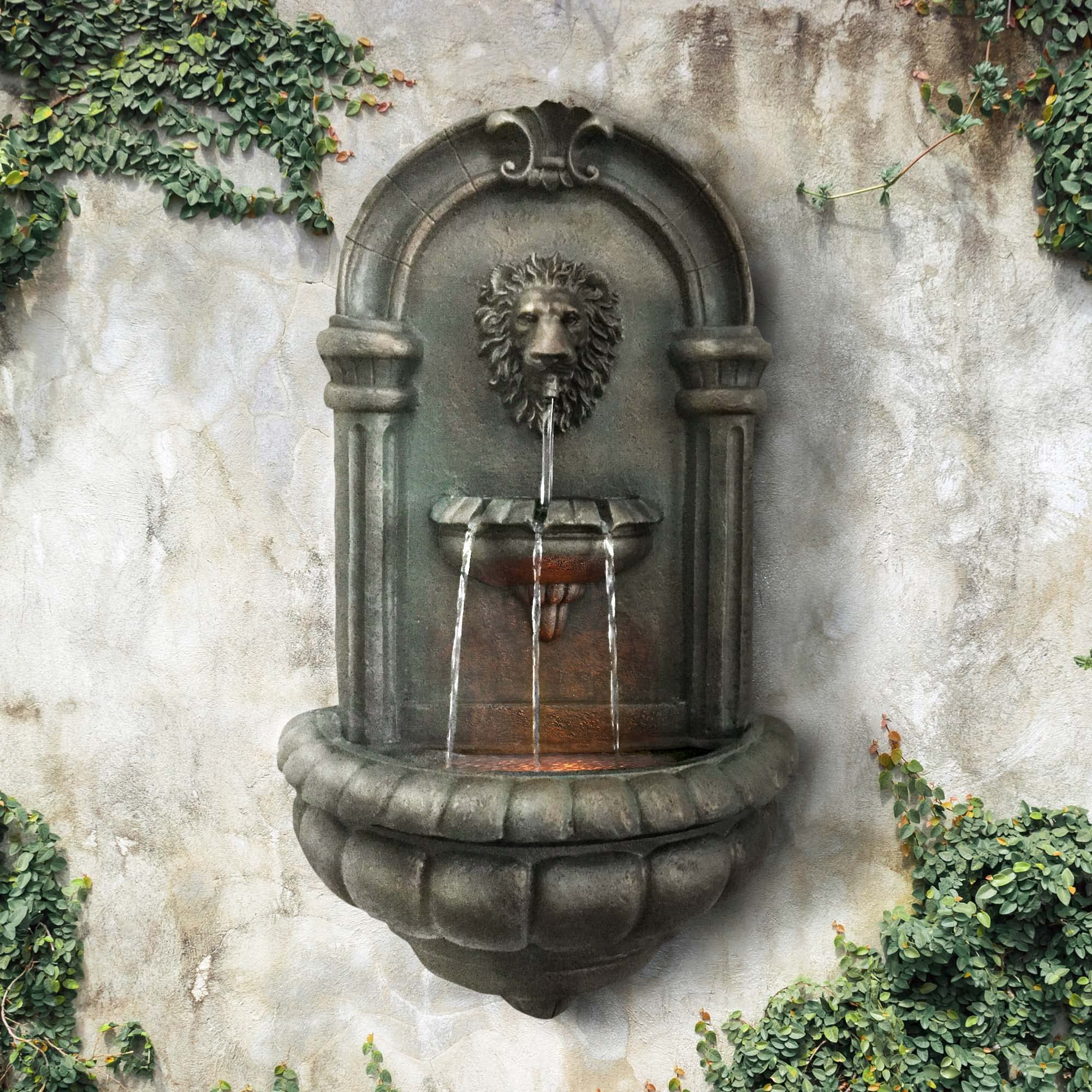 【Décor】Royal Lion Head Light Weight Wall Waterfall Fountain with LED Lights & Pump for Outdoor Patio Garden Backyard