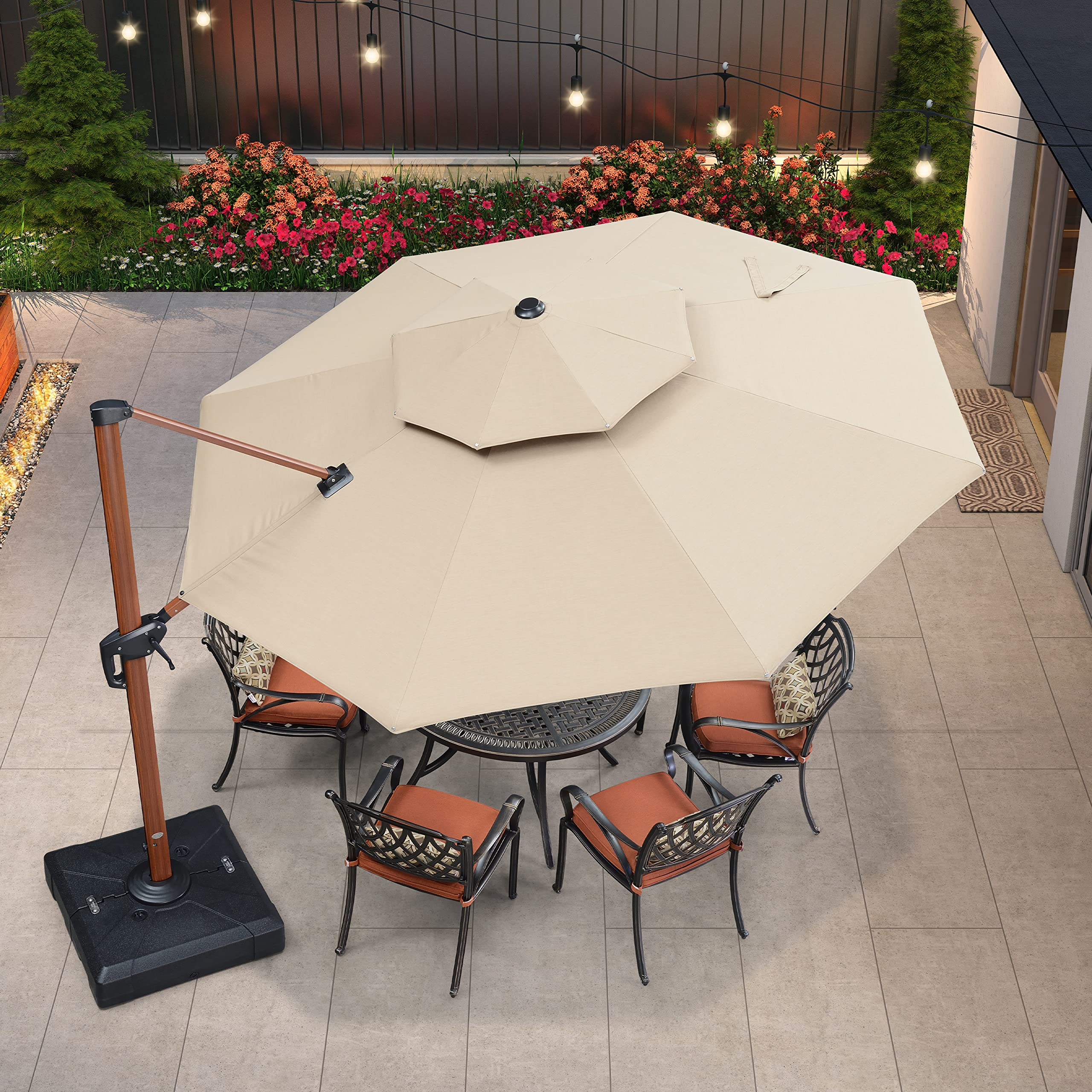 【Home&Garden】11 Ft Double Top Deluxe Sunbrella Wood Pattern Round Patio Umbrella Offset Hanging Umbrella