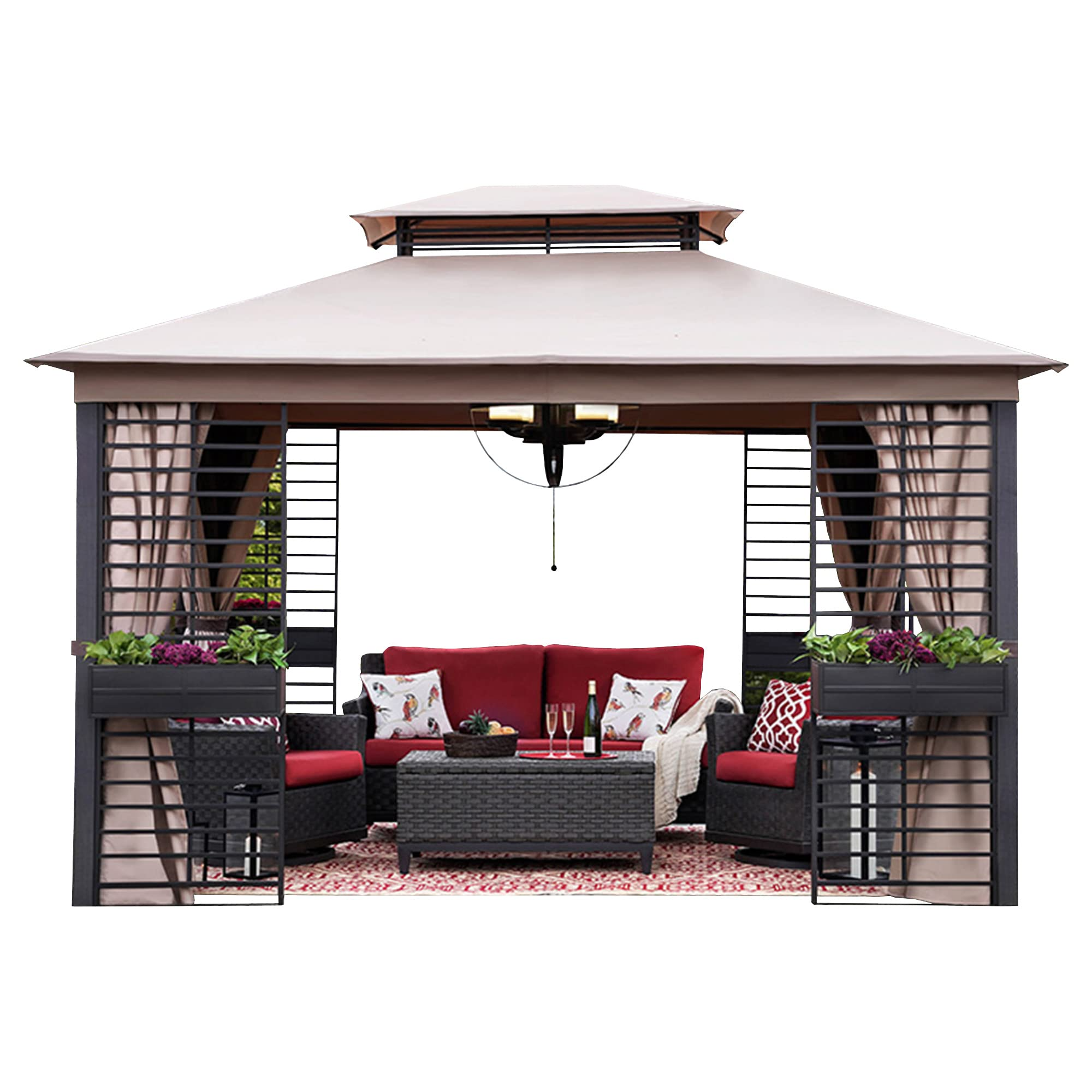 【Gazebo】11x13 Gazebos with Planters, Outdoor Patio Steel 2-Tier Soft Top Gazebo with Netting & Curtains