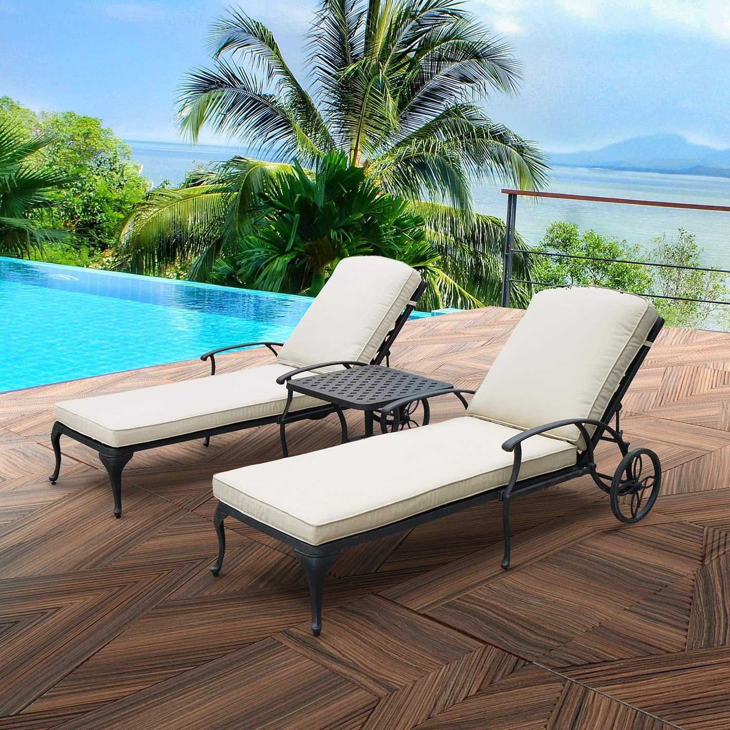 【Home&Garden】Chaise Lounge Outdoor Chair with Cushions, Aluminum Pool Side Sun Lounges with Wheels
