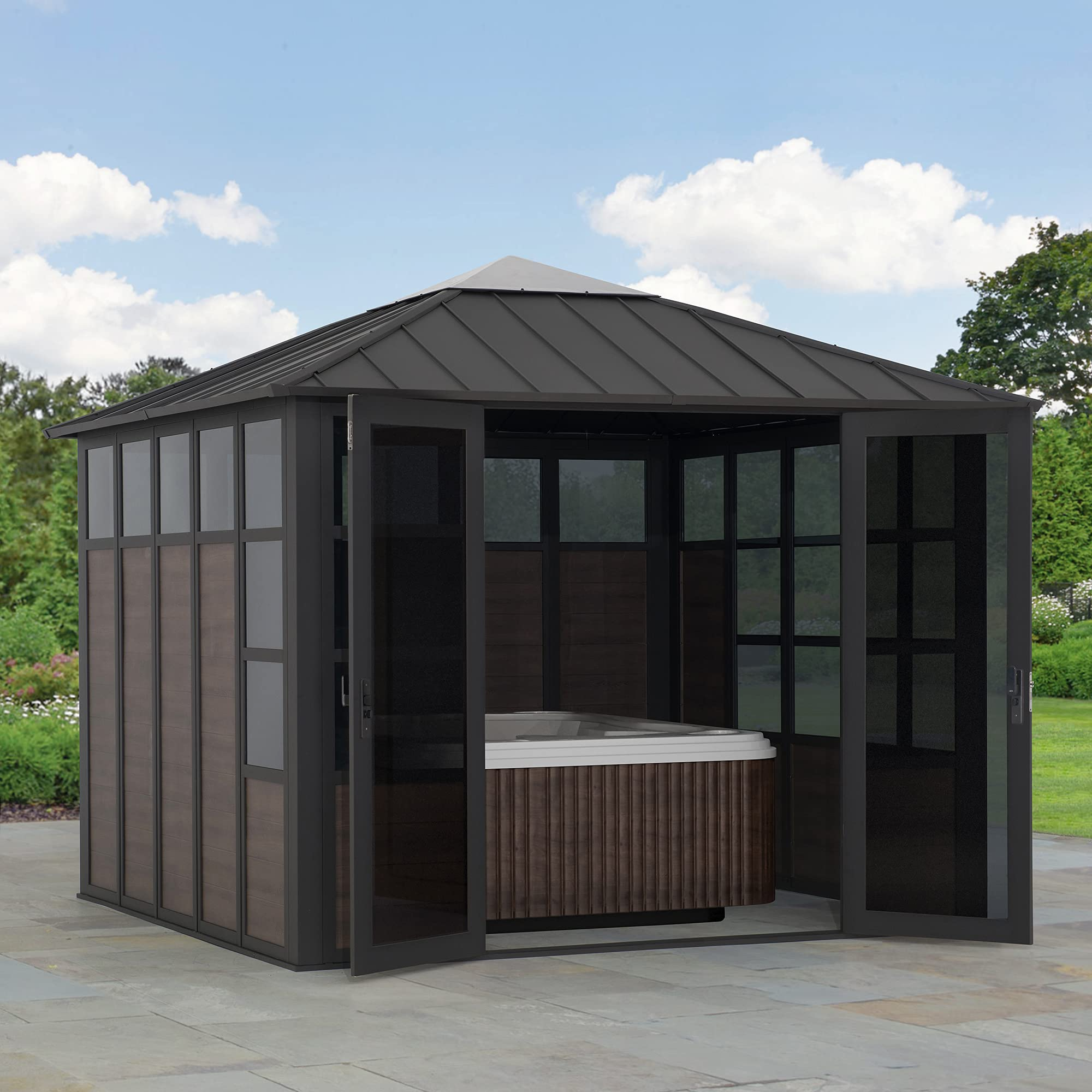 【Home&Garden】11x11 Multipurpose Studio/Hot Tub Shelter with Steel & Polycarbonate Hardtop & Mute Lock Doors