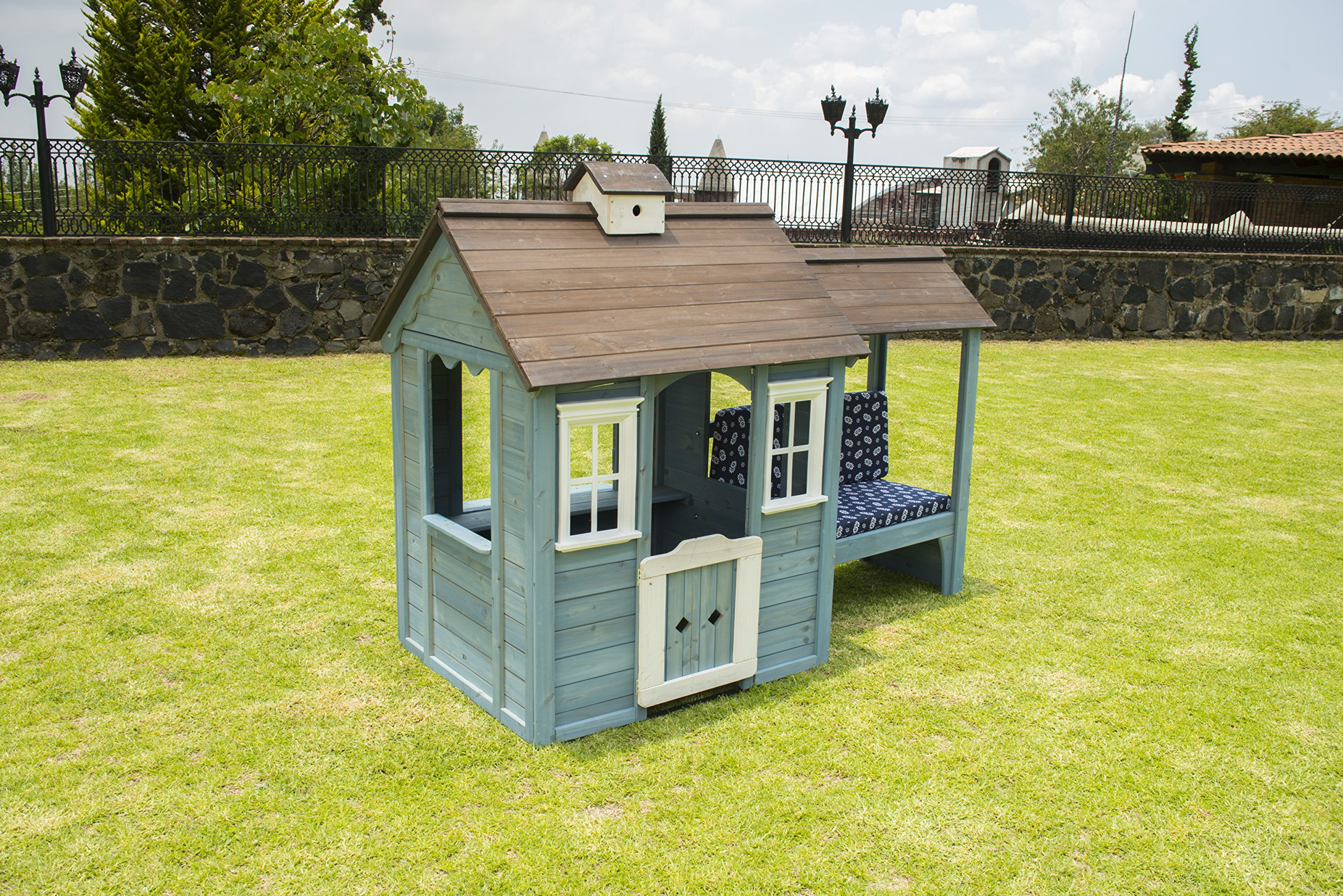 【Baby&Kids】Wooden Outdoor Playhouse with Bench, Blue, 83.6