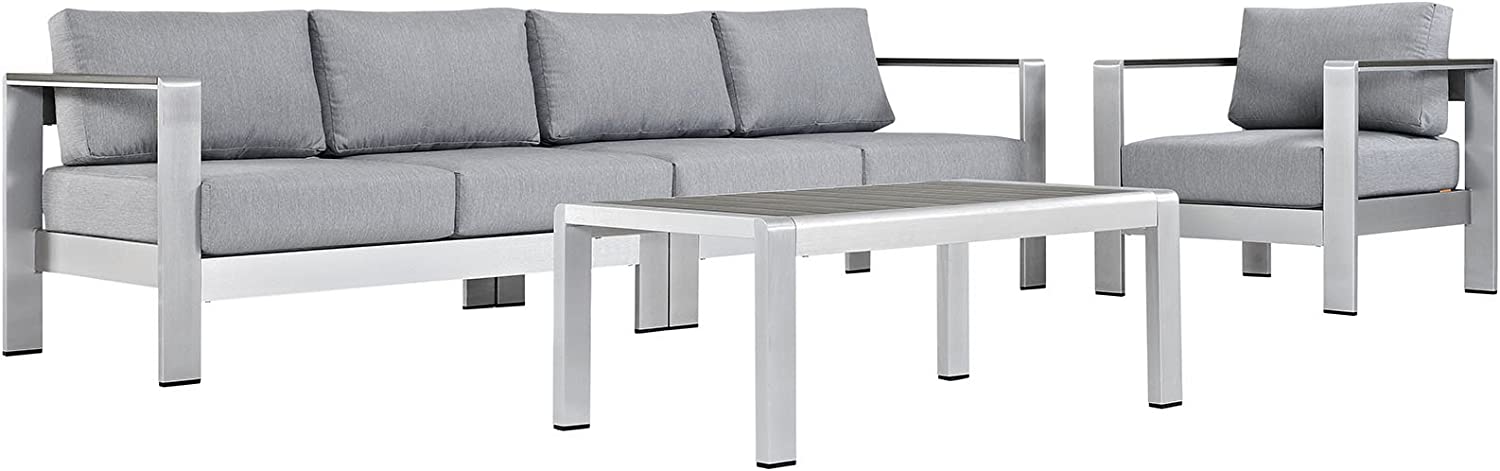 Modway Shore 6-Piece Aluminum Outdoor Patio Sectional Sofa Set in Silver Gray