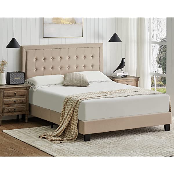 Amerlife Queen Bed Frame Upholstered Platform Bed with Adjustable Headboard - Button Tufted Mattress Foundation with Wooden Slat Support/No Box Spring Needed/Easy Assembly (Beige) Queen Beige