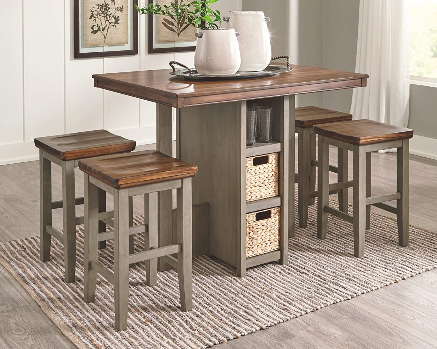 Signature Design by Ashley Lettner Farmhouse 5 Piece Counter Height Dining Set, Includes Table and 4 Barstools, Gray
