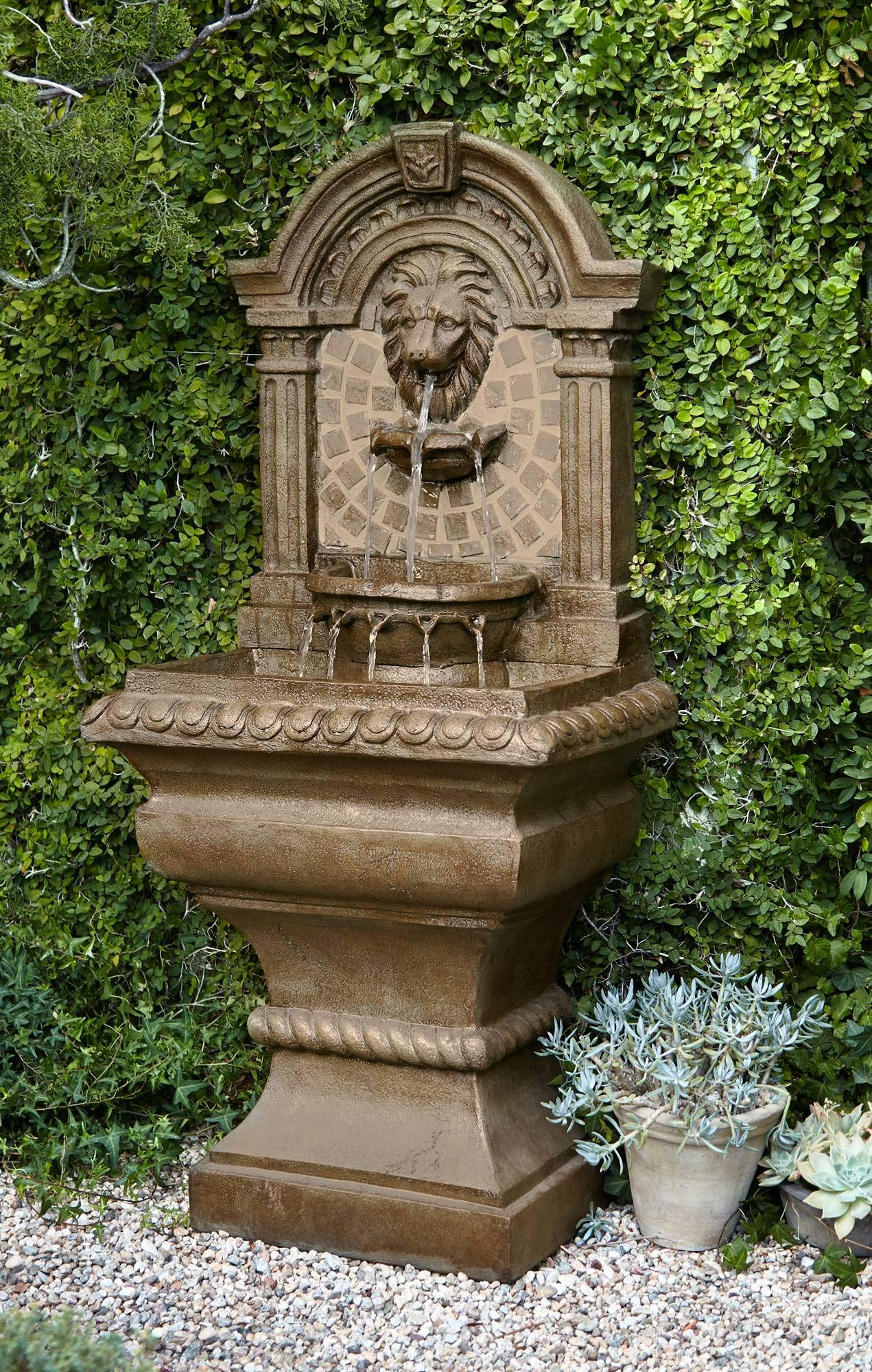 【Décor】Royal Lions Head Mediterranean Outdoor 3 Tiered Wall Water Fountain 51