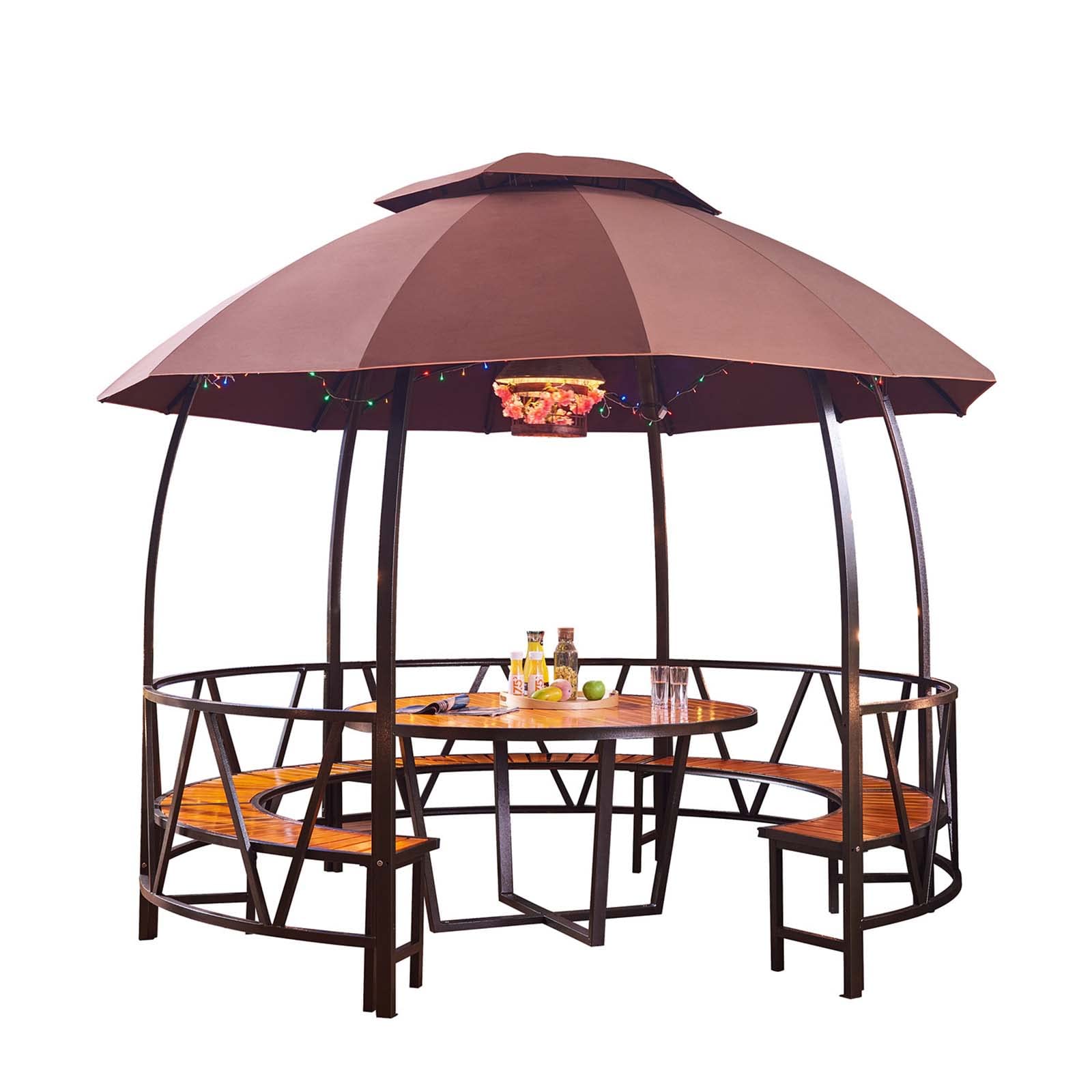 【Gazebo】Double Top Gazebos for Gardens, Castle Pergola with Chair & Table for Outdoor Courtyard Garden Villa