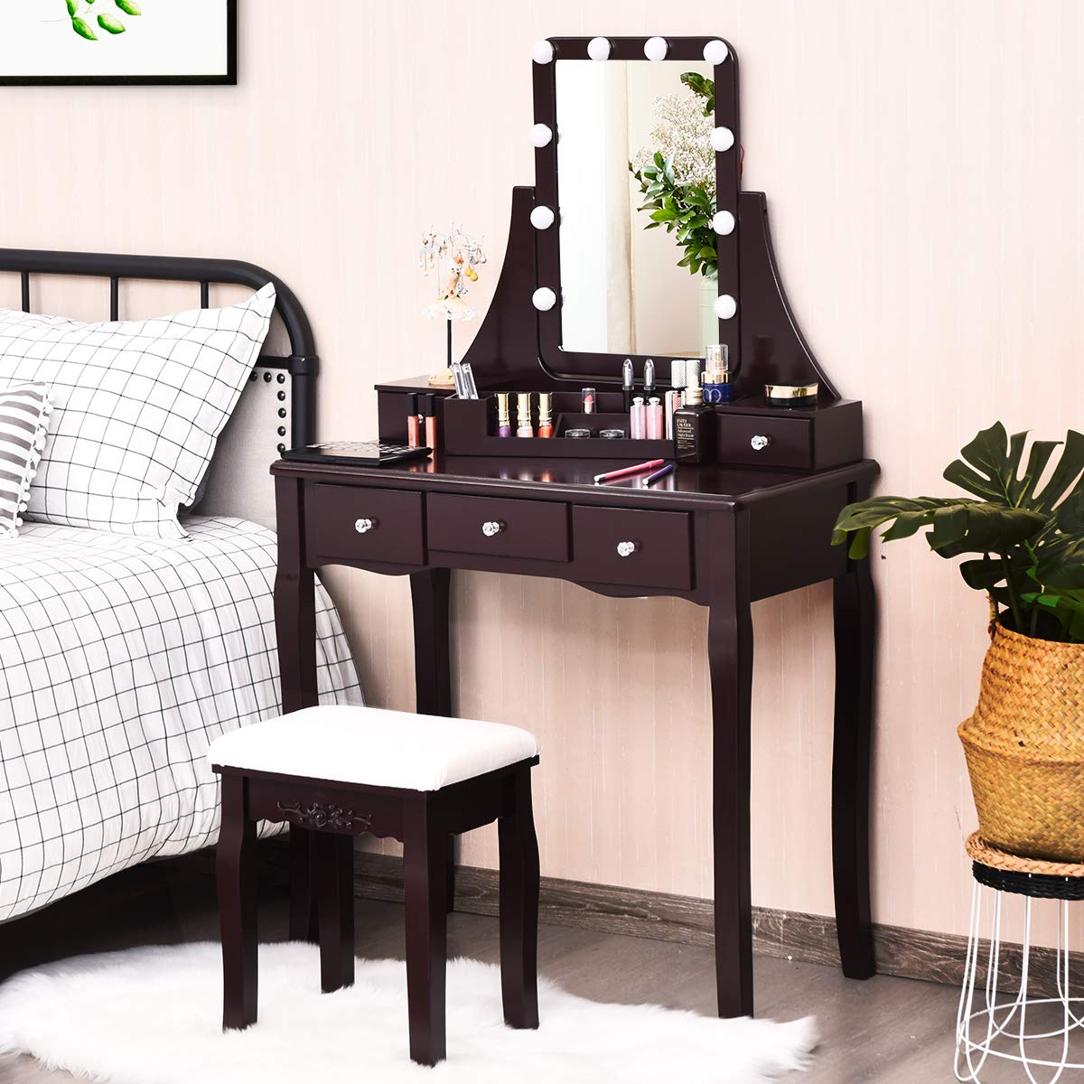 【Furniture】Vanity Set with Lighted Mirror, 10 Dimmable Light Bulbs Vanity 5 Drawer
