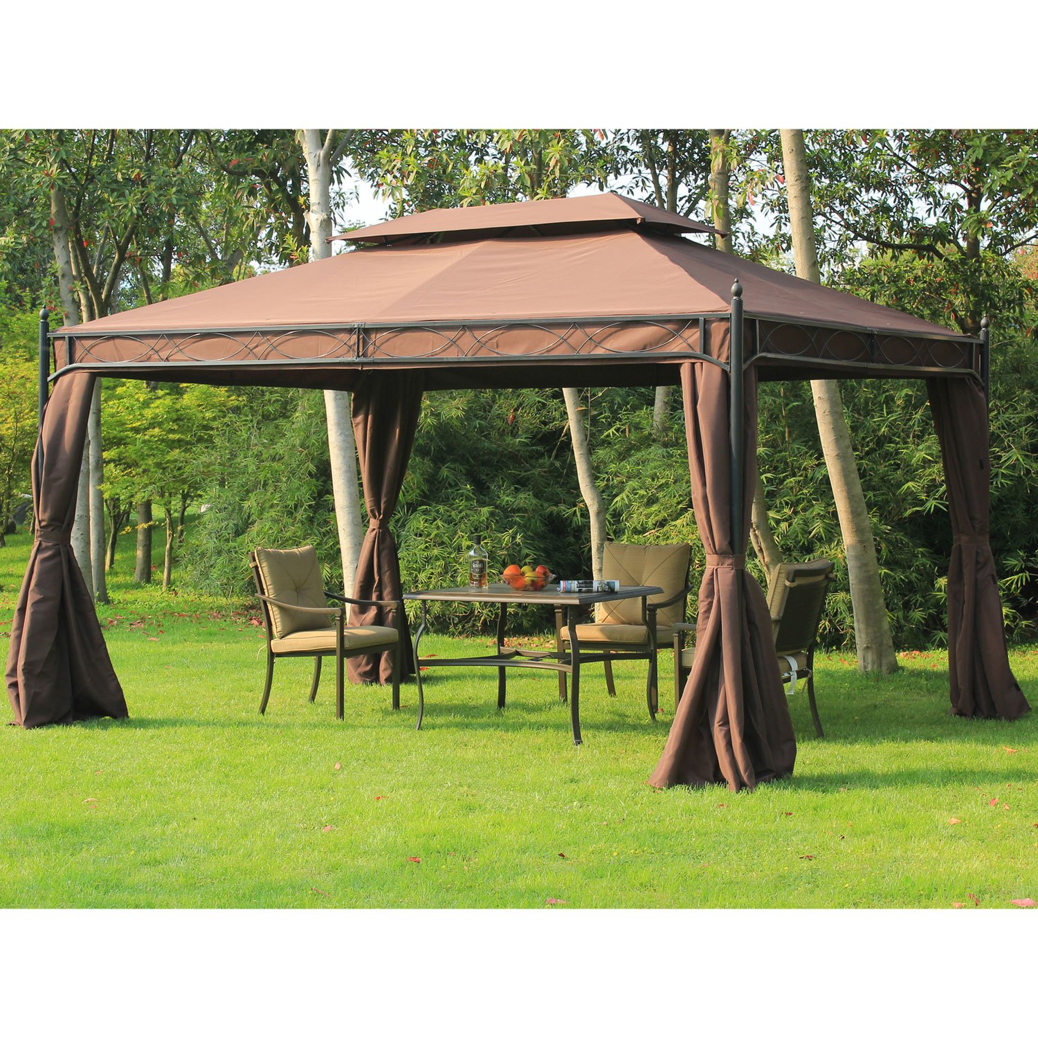 【Gazebo】Outsunny 10x13ft Garden Gazebo Double-Tiered with Curtain Outdoor Shelter Backyard Canopy Coffee