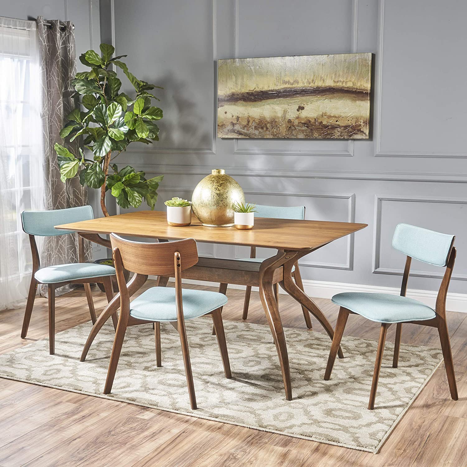 Christopher Knight Home Nissie Mid-Century Wood Dining Set with Fabric Chairs, 5-Pcs Set, Natural Walnut Finish / Mint