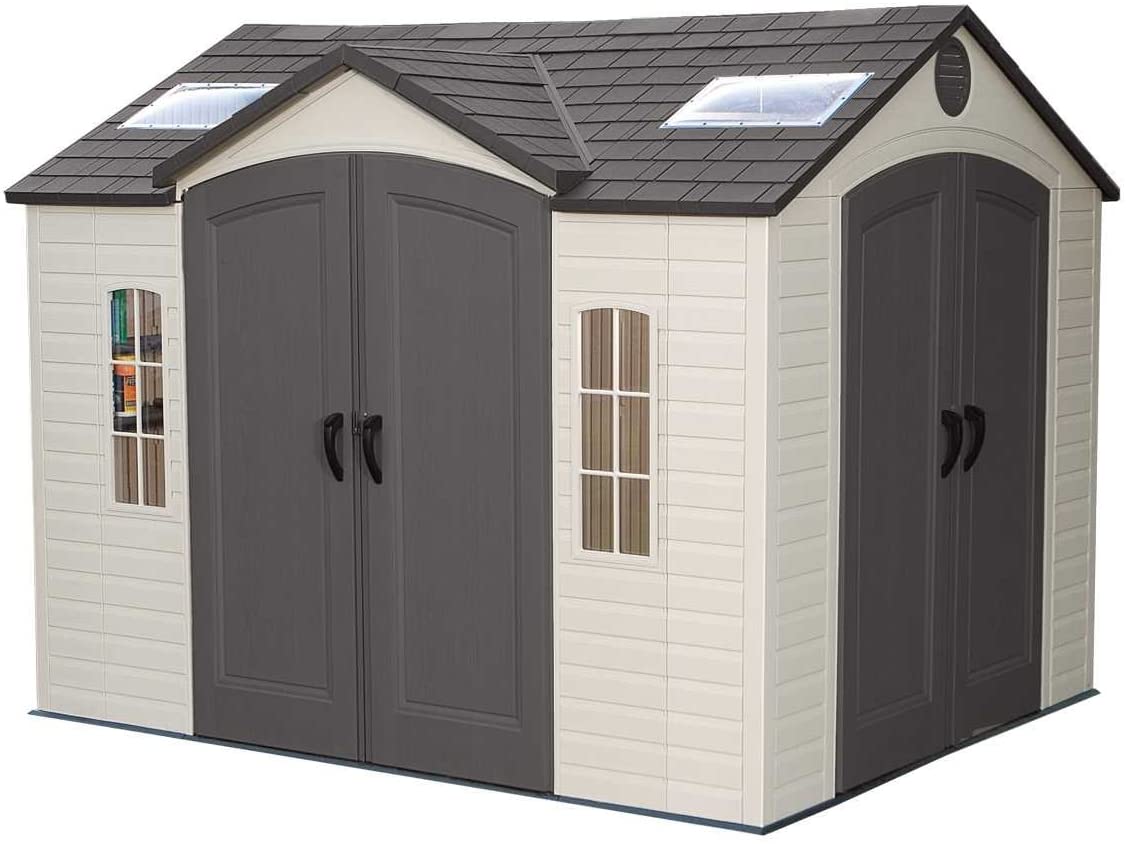 【Storage Shed】【BS】10'x8' Resin Outdoor Storage Shed with Shutters, Windows & Skylights for Garden Patio