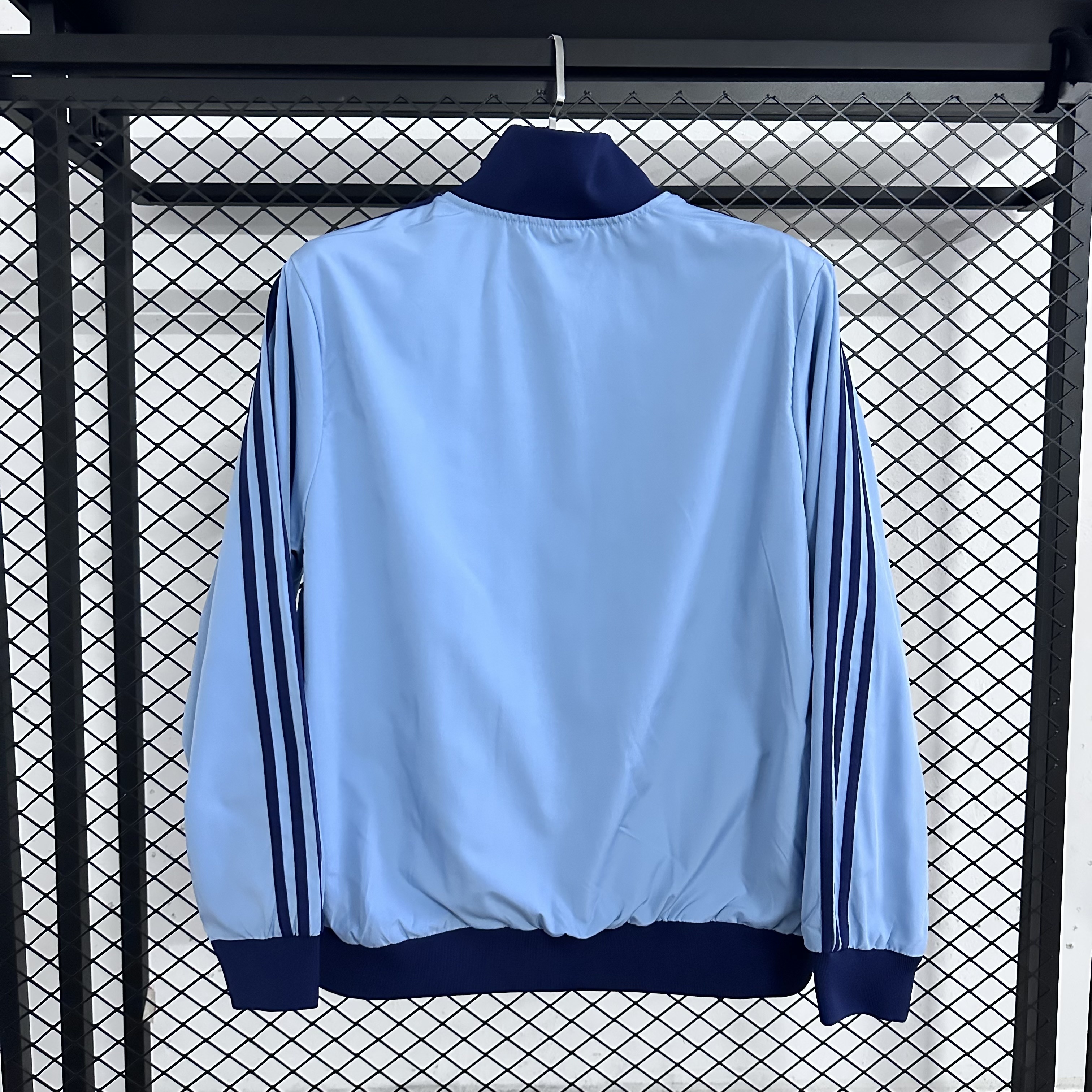 25-26 Argentine Sky Blue Retro Stand up Collar Stripe Color blocked Jacket Coat