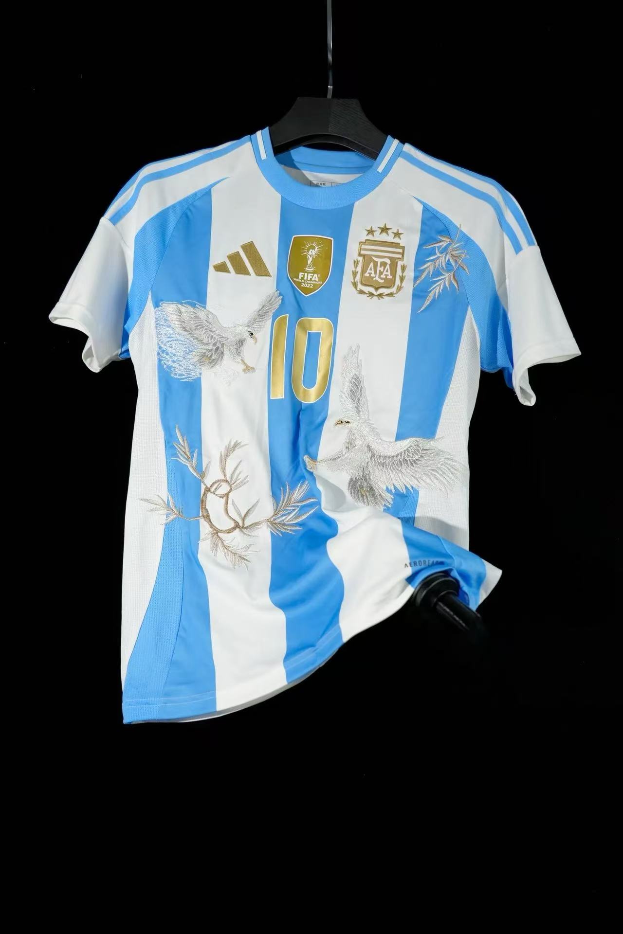 Argentina 2022 World Cup Champions Jersey – No.10 Blue & White Stripes with Dove and Gold Embroidery
