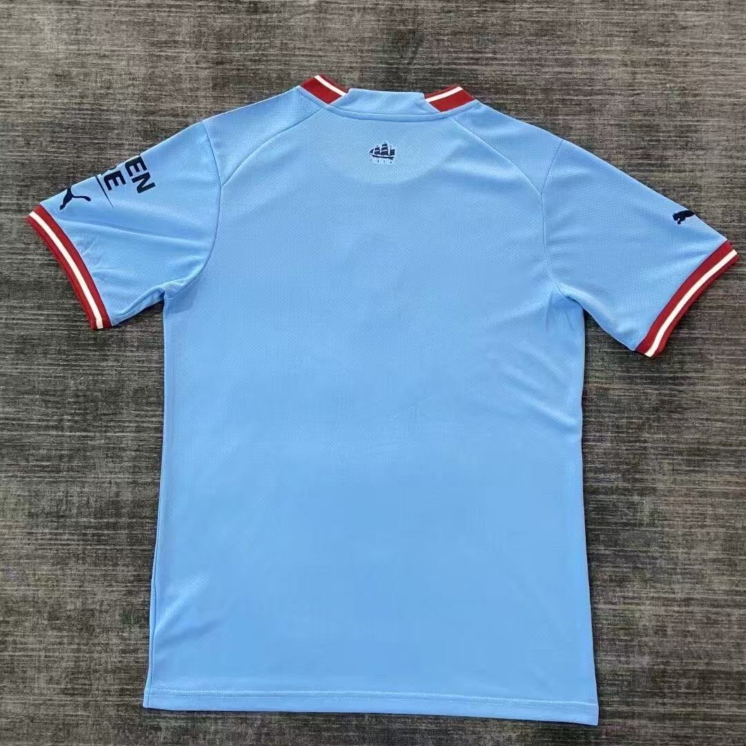 Manchester City 2022/23 Home Jersey Fan Version – Sky Blue Red Trim